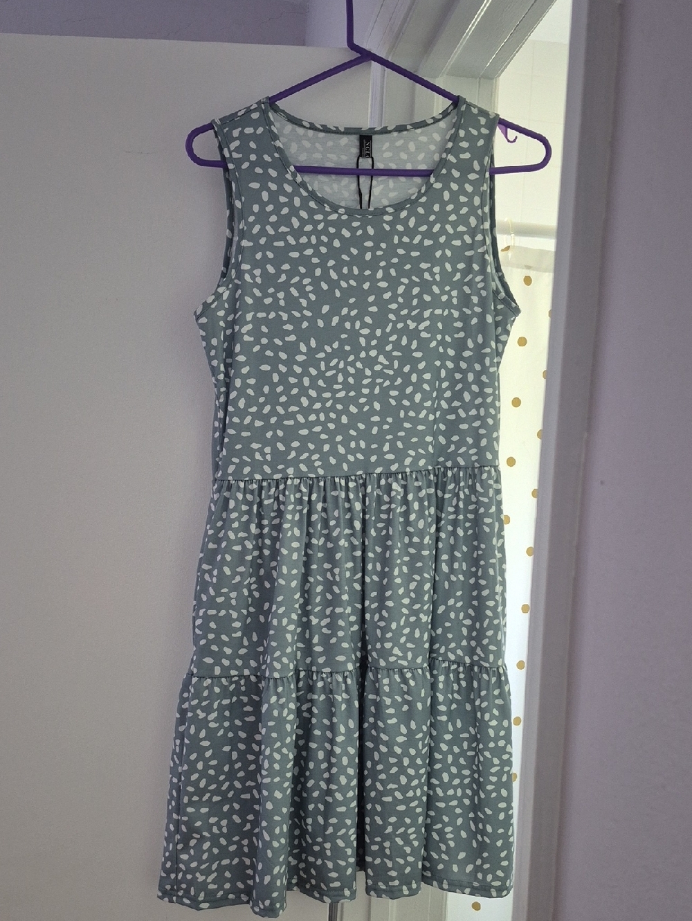NCLOOK Sleeveless Tiered Dress - Grey/Green with White Spot Print Small